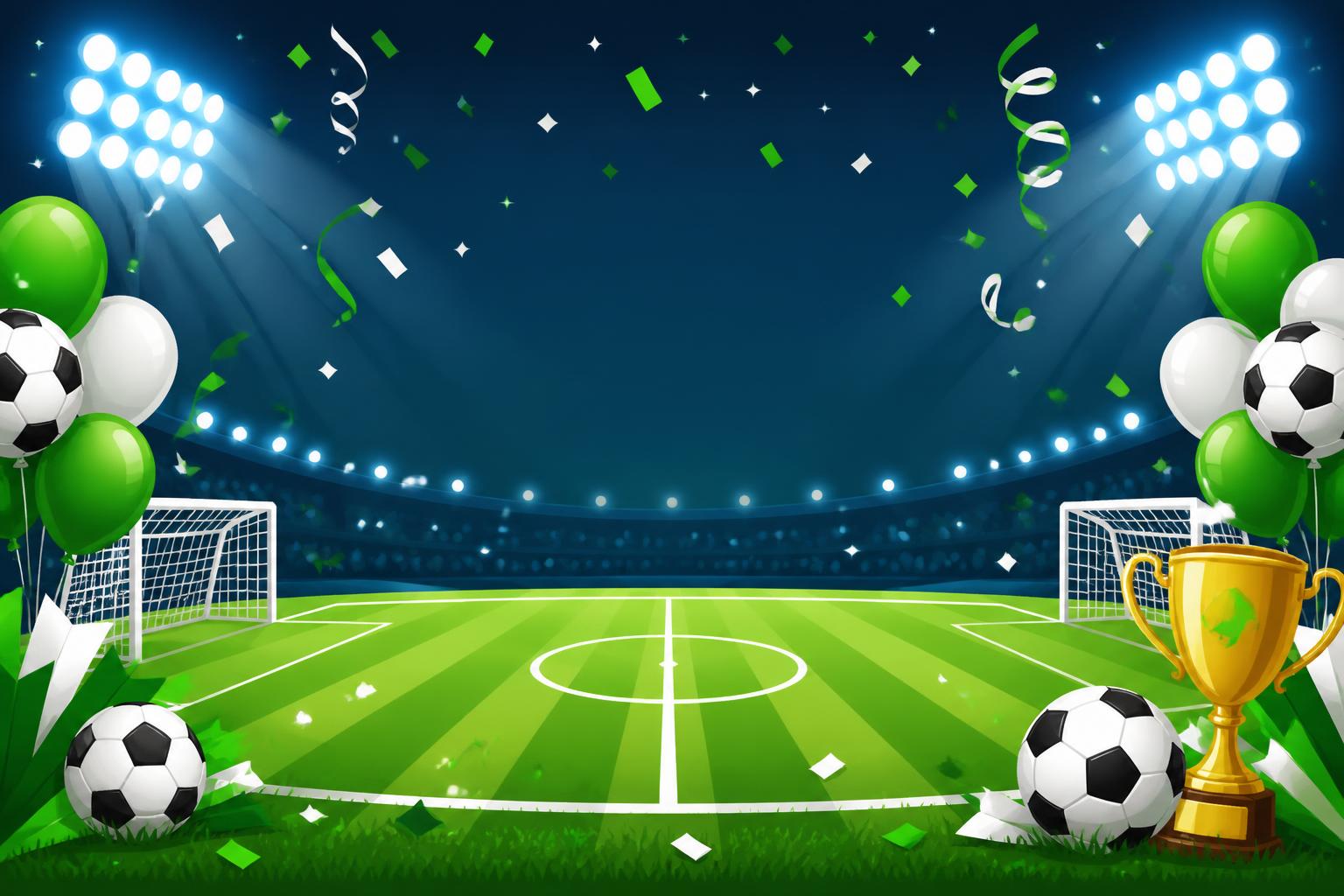 Campo de futebol decorado com balões verdes e brancos, bolas e troféu